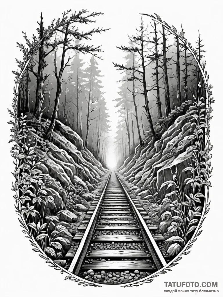 An abandoned railway track disappearing into... - эскиз тату (№1751926573_0, 07.07.2025 22:16) — Tatufoto.com