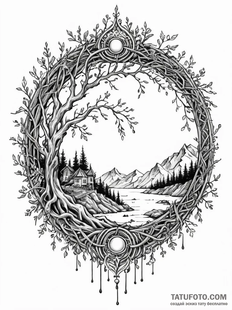 Portal frame wrapped in roots, ink illustrati... - эскиз тату (№1751926745_0, 07.07.2025 22:19) — Tatufoto.com