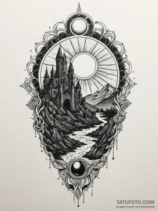 Blood sun rising behind ruins, tattoo line ar... - эскиз тату (№1751927509_0, 07.07.2025 22:31) — Tatufoto.com