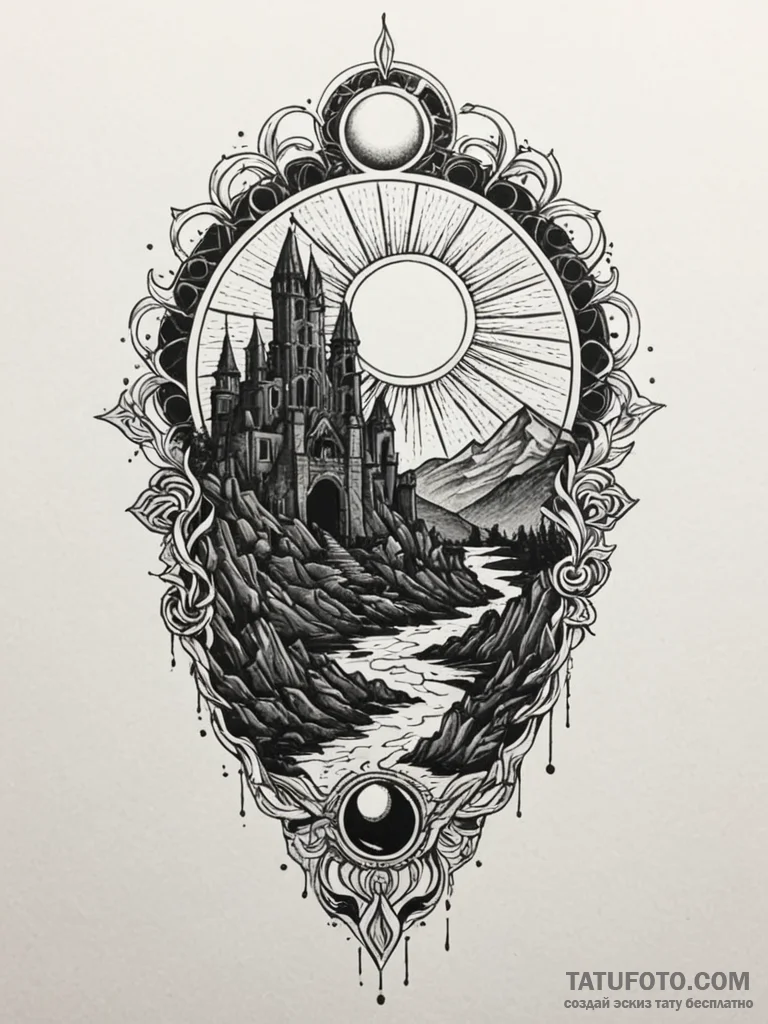 Blood sun rising behind ruins, tattoo line ar... - эскиз тату (№1751927509_0, 07.07.2025 22:31) — Tatufoto.com