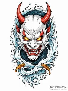 An oni mask cracking to reveal a human face,... - эскиз тату (№1751928189_0, 07.07.2025 22:43) — Tatufoto.com