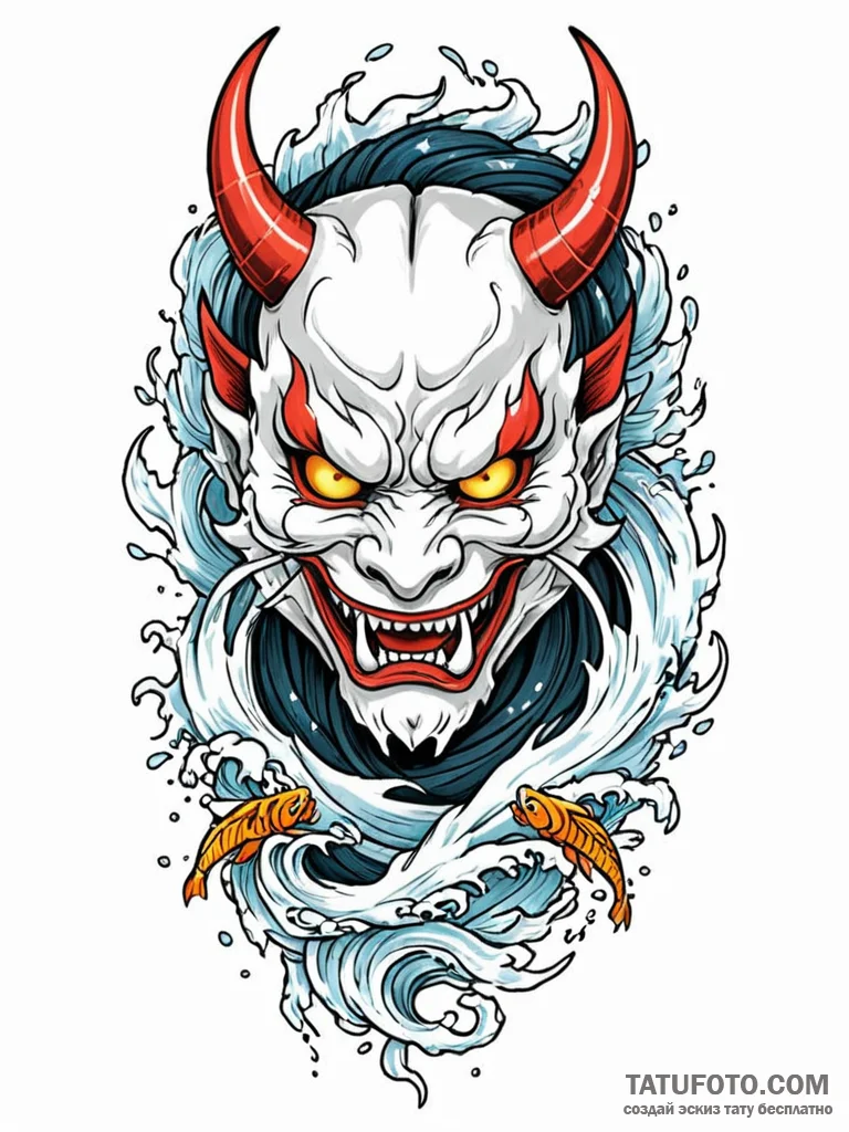 An oni mask cracking to reveal a human face,... - эскиз тату (№1751928189_0, 07.07.2025 22:43) — Tatufoto.com