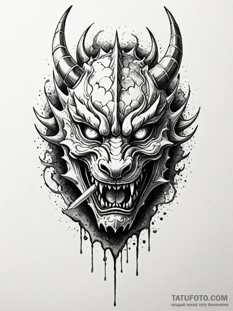Katana piercing dragon mask, tattoo flash she... - эскиз тату (№1751928446_0, 07.07.2025 22:47) — Tatufoto.com