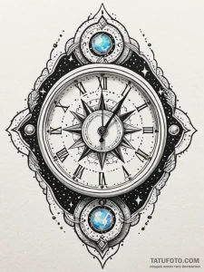 Opal clock melting through stars, tattoo flas... - эскиз тату (№1751928535_0, 07.07.2025 22:48) — Tatufoto.com