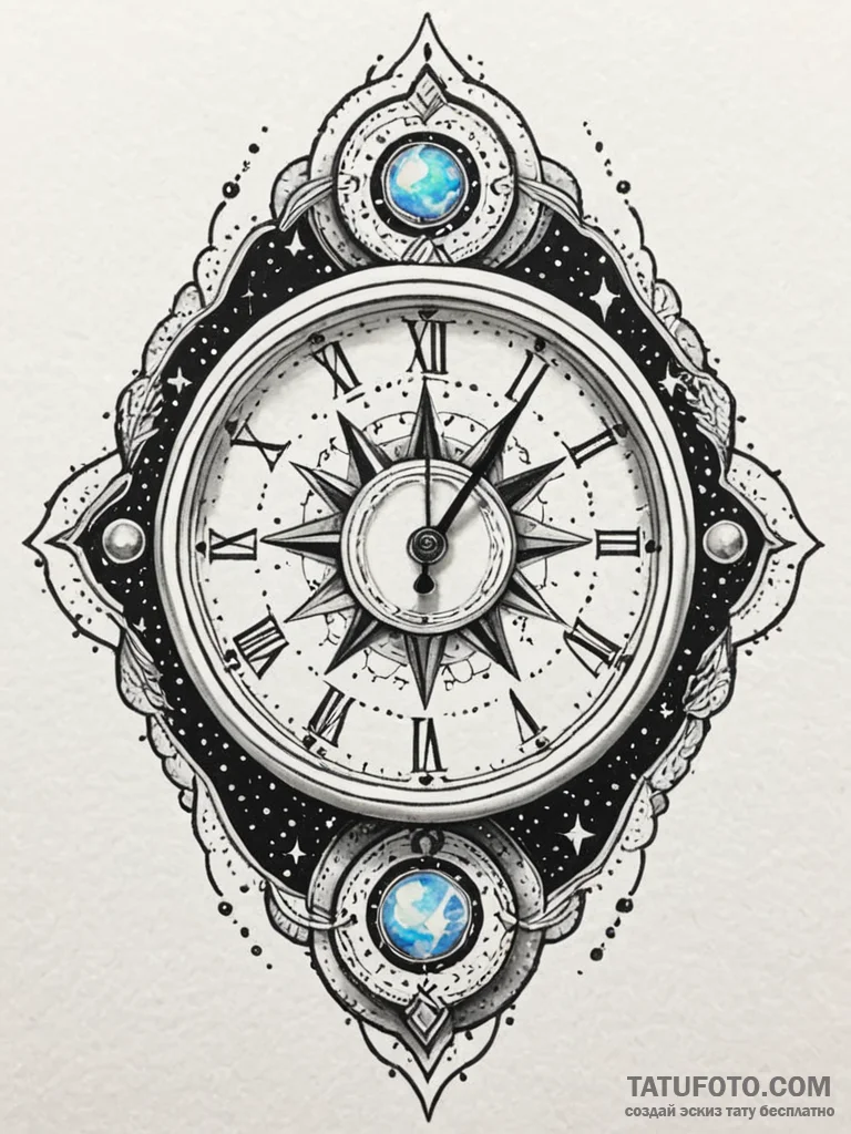 Opal clock melting through stars, tattoo flas... - эскиз тату (№1751928535_0, 07.07.2025 22:48) — Tatufoto.com