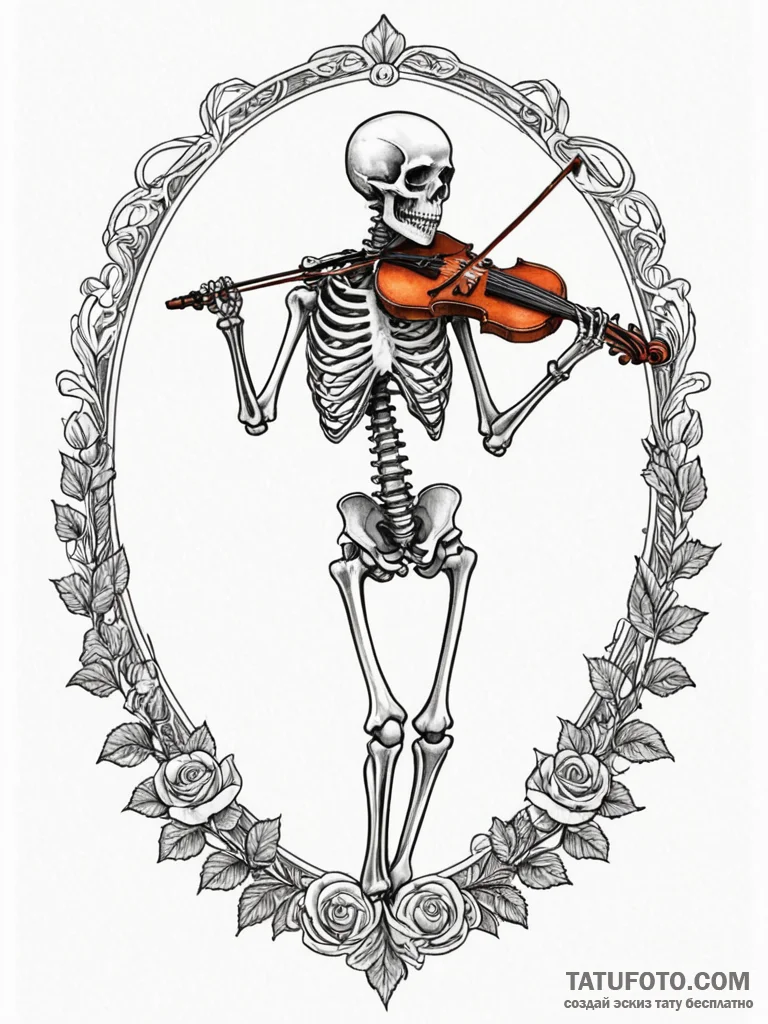 A skeleton playing a violin made of bone, tat... - эскиз тату (№1751929129_0, 07.07.2025 22:58) — Tatufoto.com