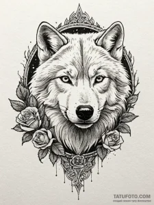 Arctic wolf with frost-encrusted fur, artisti... - эскиз тату (№1751930405_0, 07.07.2025 23:20) — Tatufoto.com