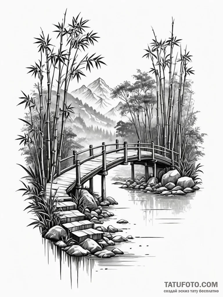 A detailed bamboo bridge, natural,, tattoo li… — эскиз тату (№1751931268_0, 07.07.2025 23:34) — Tatufoto.com