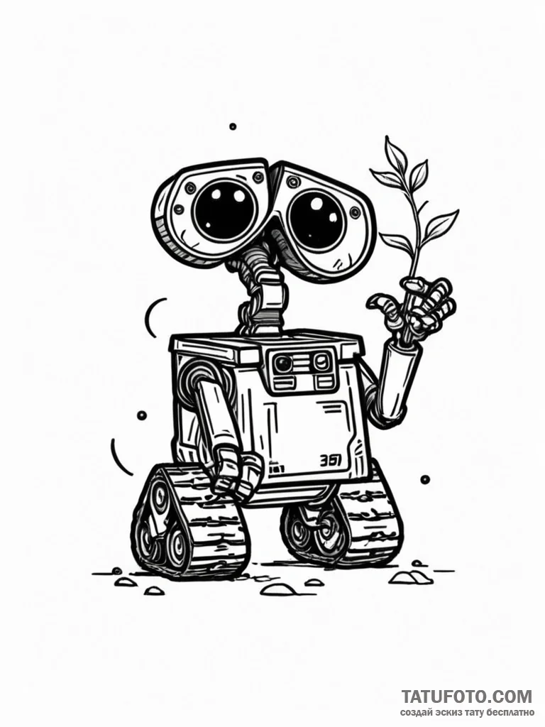 Wall-e, rusted and alone, holding a single, g… — эскиз тату (№1751932195_0, 07.07.2025 23:49) — Tatufoto.com