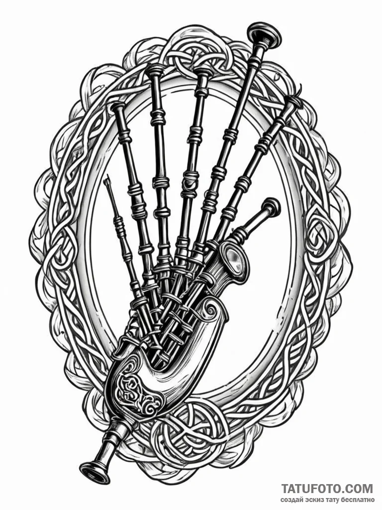 A detailed bagpipe instrument, celtic culture... - эскиз тату (№1751932533_0, 07.07.2025 23:55) — Tatufoto.com