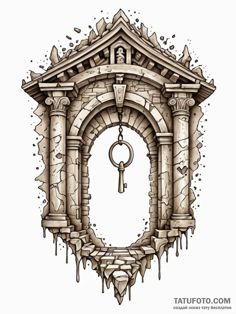 Temple key beneath shattered arch, artistic t... - эскиз тату (№1751932955_0, 08.07.2025 00:02) — Tatufoto.com