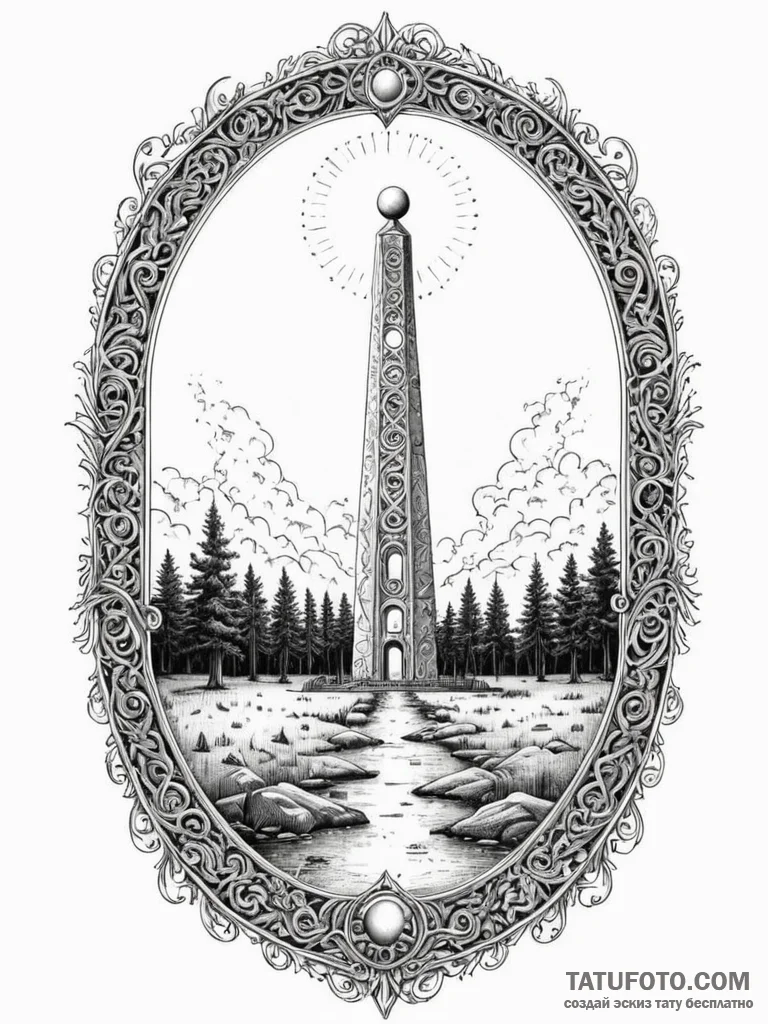 Obelisk rising from spectral gate, tattoo dra… — эскиз тату (№1751933209_0, 08.07.2025 00:06) — Tatufoto.com