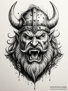 Viking berserker in a frenzy, eyes wide, foam... - эскиз тату (№1751933380_0, 08.07.2025 00:09) — Tatufoto.com
