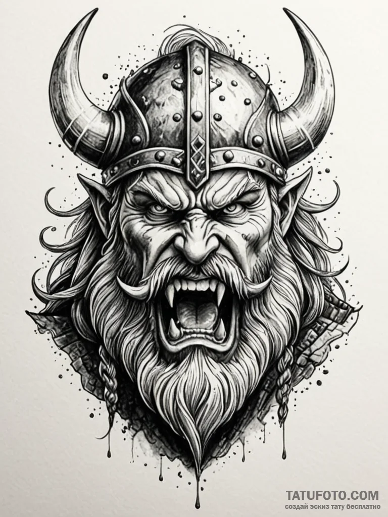 Viking berserker in a frenzy, eyes wide, foam... - эскиз тату (№1751933380_0, 08.07.2025 00:09) — Tatufoto.com