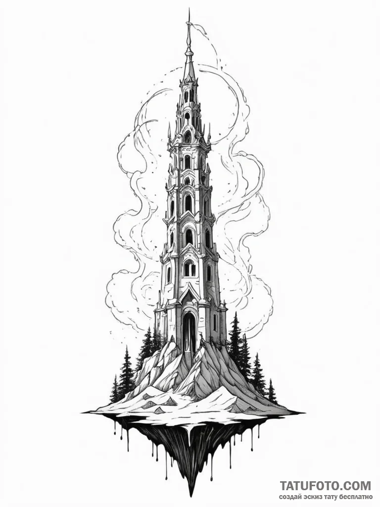 Onyx relic beneath spectral spire, ink illust... - эскиз тату (№1751933803_0, 08.07.2025 00:16) — Tatufoto.com