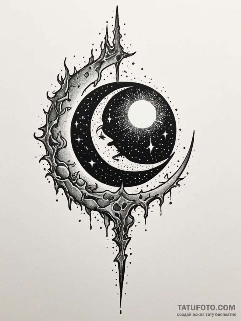 Molten blade beneath shattered moon, tattoo s... - эскиз тату (№1751934309_0, 08.07.2025 00:25) — Tatufoto.com