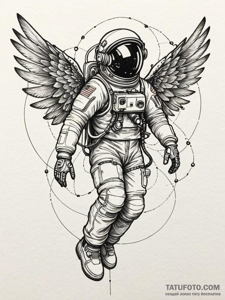 Astronaut with wings made of wires, tattoo dr... - эскиз тату (№1751934816_0, 08.07.2025 00:33) — Tatufoto.com