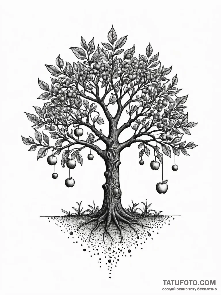 An enchanted apple tree bearing glowing fruit… — эскиз тату (№1751934901_0, 08.07.2025 00:35) — Tatufoto.com