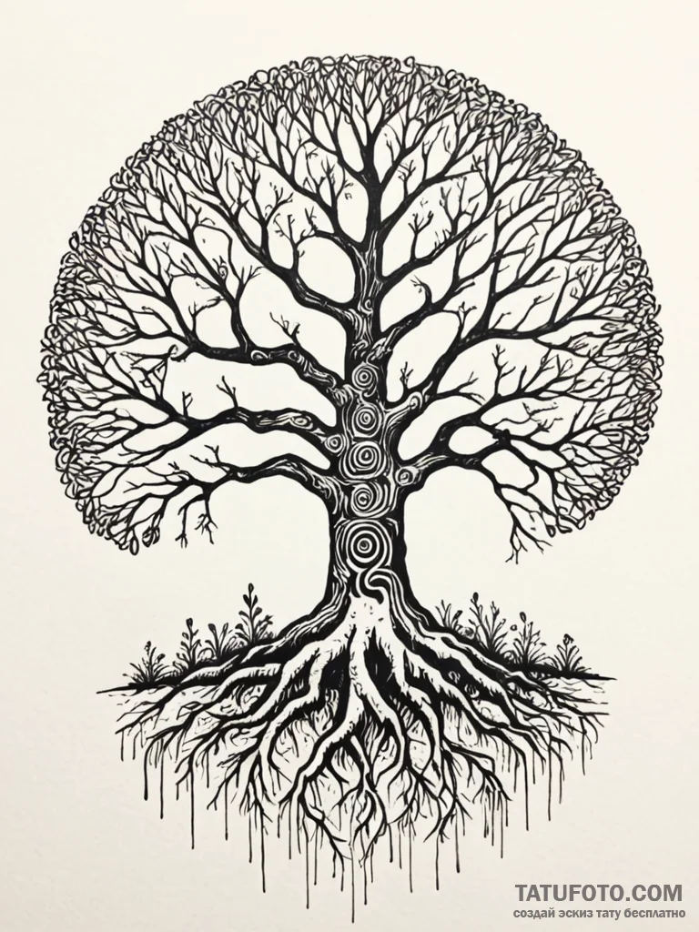 A tree with its roots exposed, forming a laby… — эскиз тату (№1751935068_0, 08.07.2025 00:37) — Tatufoto.com