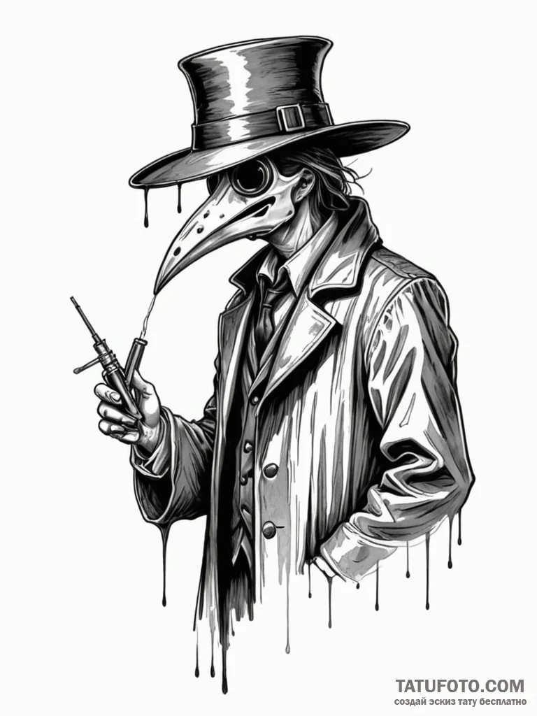 Plague doctor with a syringe full of a dark e... - эскиз тату (№1751935153_0, 08.07.2025 00:39) — Tatufoto.com