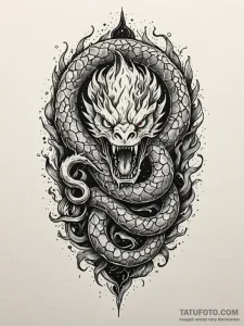 Obsidian flame devouring serpent, tattoo flas... - эскиз тату (№1751935657_0, 08.07.2025 00:47) — Tatufoto.com