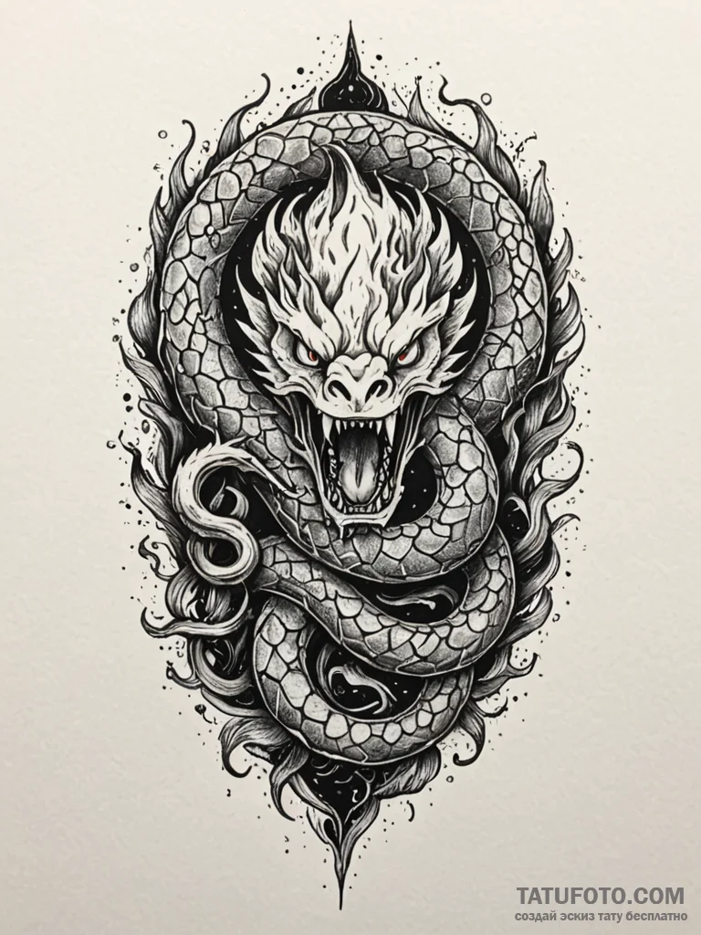 Obsidian flame devouring serpent, tattoo flas... - эскиз тату (№1751935657_0, 08.07.2025 00:47) — Tatufoto.com