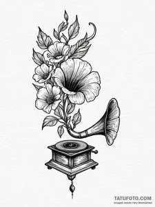 A gramophone with flowers growing out of the... - эскиз тату (№1751936081_0, 08.07.2025 00:54) — Tatufoto.com