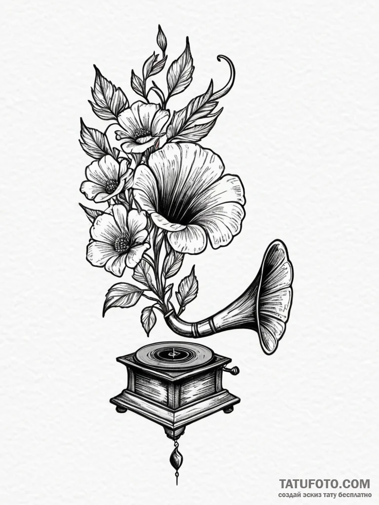 A gramophone with flowers growing out of the... - эскиз тату (№1751936081_0, 08.07.2025 00:54) — Tatufoto.com