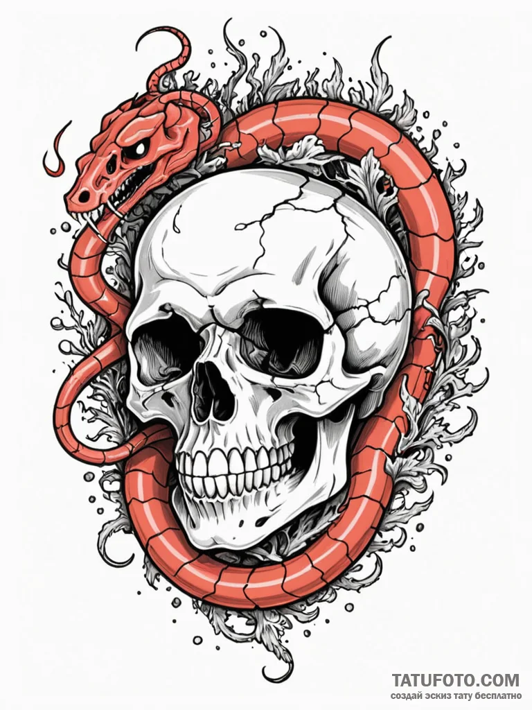 Coral serpent swimming through skull, concept... - эскиз тату (№1751936165_0, 08.07.2025 00:56) — Tatufoto.com