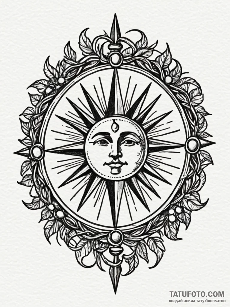 Sun wheel bound in thorned vines, concept art... - эскиз тату (№1751936586_0, 08.07.2025 01:03) — Tatufoto.com