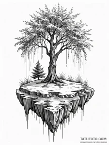Floating island with a single, weeping willow... - эскиз тату (№1751937006_0, 08.07.2025 01:10) — Tatufoto.com