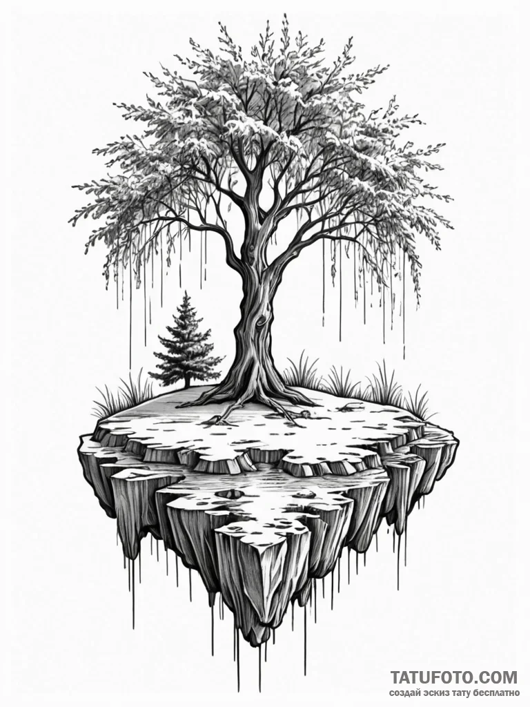 Floating island with a single, weeping willow... - эскиз тату (№1751937006_0, 08.07.2025 01:10) — Tatufoto.com