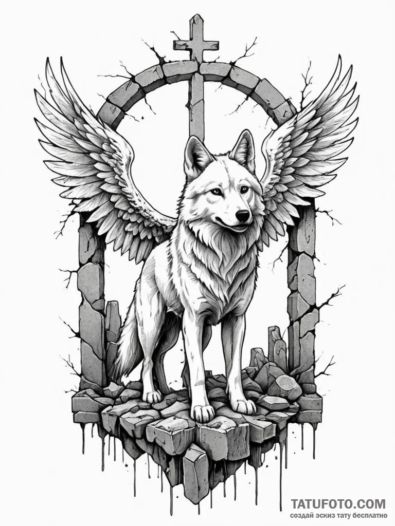 Angel wolf emerging from ruins, tattoo drawin... - эскиз тату (№1751939237_0, 08.07.2025 01:47) — Tatufoto.com