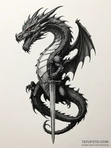 A striking black dragon wrapped around a swor... - эскиз тату (№1751939489_0, 08.07.2025 01:51) — Tatufoto.com