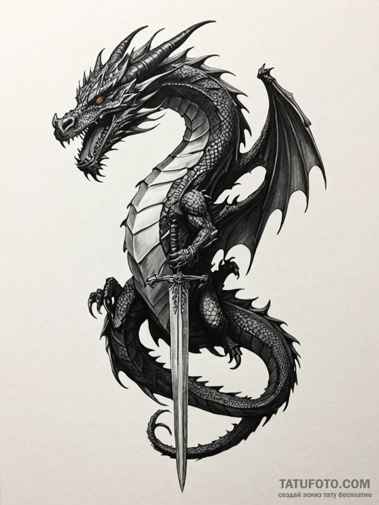 A striking black dragon wrapped around a swor… — эскиз тату (№1751939489_0, 08.07.2025 01:51) — Tatufoto.com
