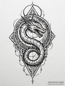 Feathered serpent through celestial gate, tat... - эскиз тату (№1751939574_0, 08.07.2025 01:52) — Tatufoto.com