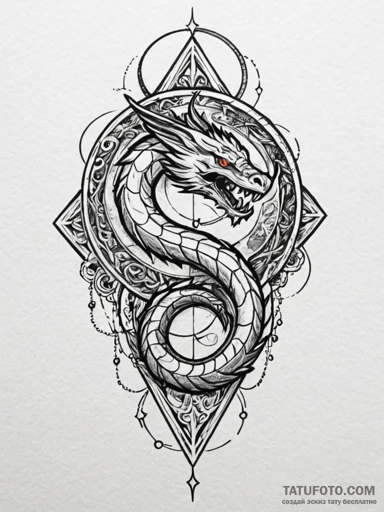 Feathered serpent through celestial gate, tat… — эскиз тату (№1751939574_0, 08.07.2025 01:52) — Tatufoto.com