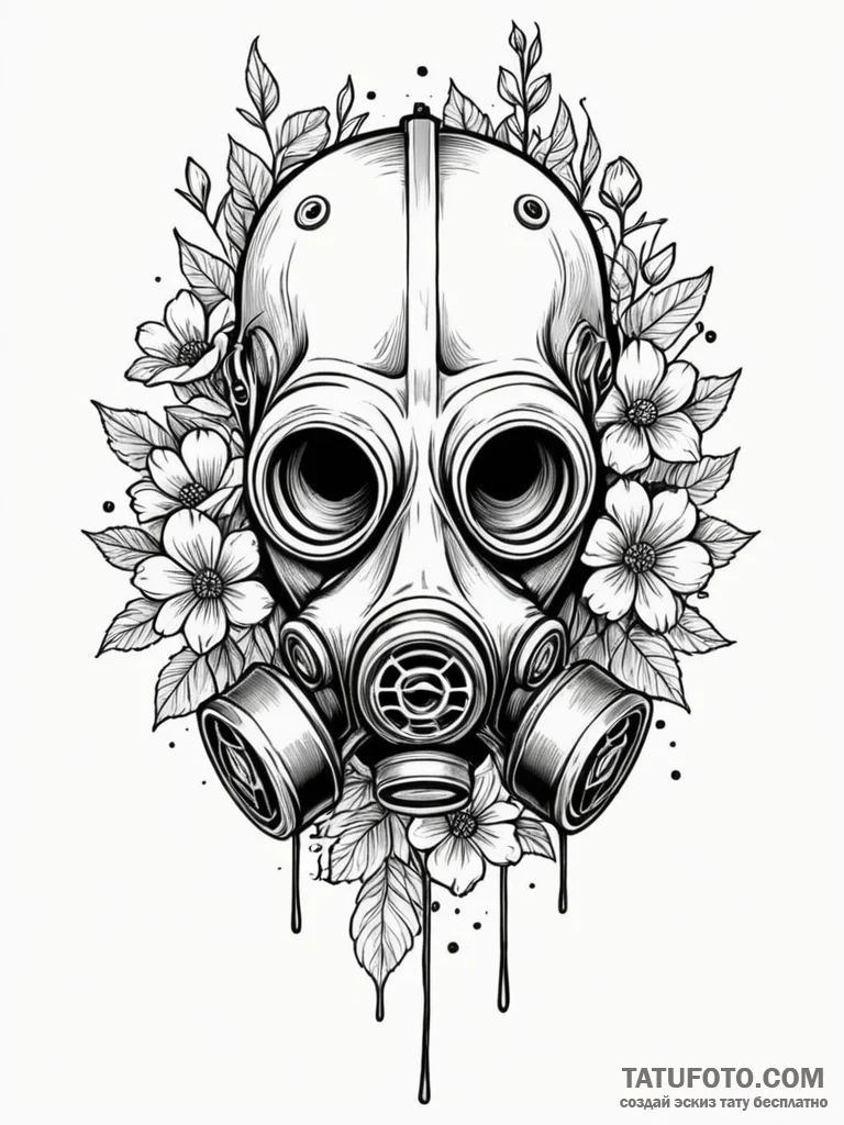 Gas mask with flowers growing from the filter... - эскиз тату (№1751939658_0, 08.07.2025 01:54) — Tatufoto.com