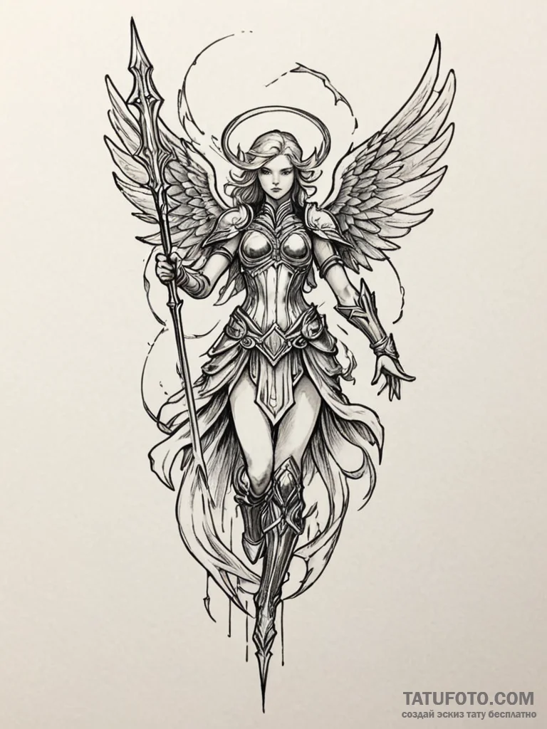Armored angel wielding lightning spear, artis... - эскиз тату (№1751940756_0, 08.07.2025 02:12) — Tatufoto.com