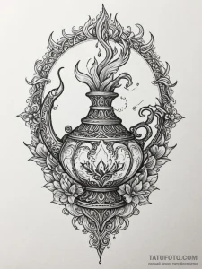 Ifrit emerging from a magic lamp, tattoo line... - эскиз тату (№1751941440_0, 08.07.2025 02:24) — Tatufoto.com