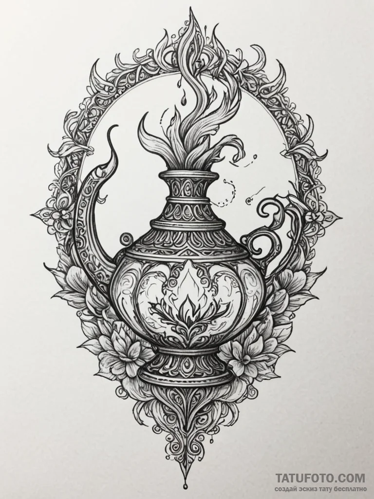 Ifrit emerging from a magic lamp, tattoo line... - эскиз тату (№1751941440_0, 08.07.2025 02:24) — Tatufoto.com