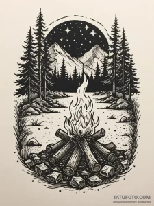 A cozy campfire burning in a wilderness setti... - эскиз тату (№1751941609_0, 08.07.2025 02:26) — Tatufoto.com