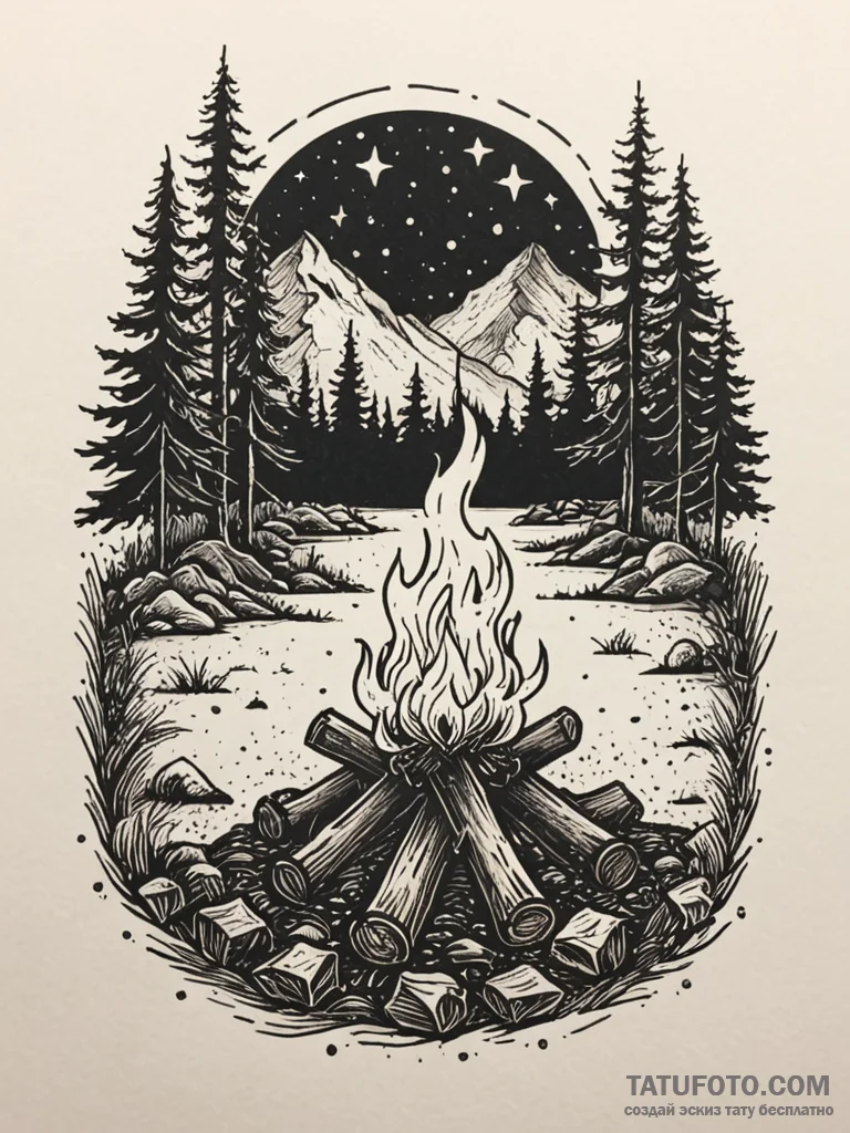 A cozy campfire burning in a wilderness setti... - эскиз тату (№1751941609_0, 08.07.2025 02:26) — Tatufoto.com