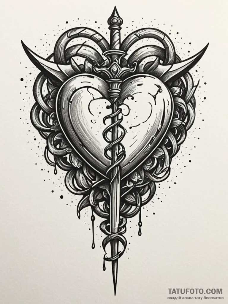 Chain-wrapped heart pierced by dagger, tattoo... - эскиз тату (№1751942029_0, 08.07.2025 02:33) — Tatufoto.com