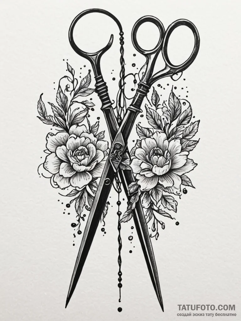 A pair of scissors cutting a string of fate,… — эскиз тату (№1751942198_0, 08.07.2025 02:36) — Tatufoto.com