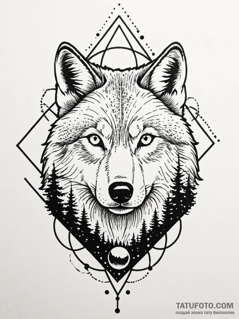 Astral wolf hunting through cosmic forest, ta... - эскиз тату (№1751942534_0, 08.07.2025 02:42) — Tatufoto.com