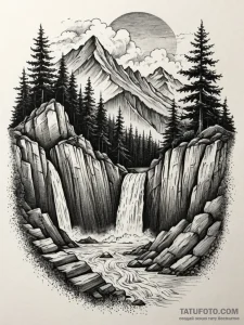 Waterfall cascading over a cliff into clouds,... - эскиз тату (№1751942703_0, 08.07.2025 02:45) — Tatufoto.com