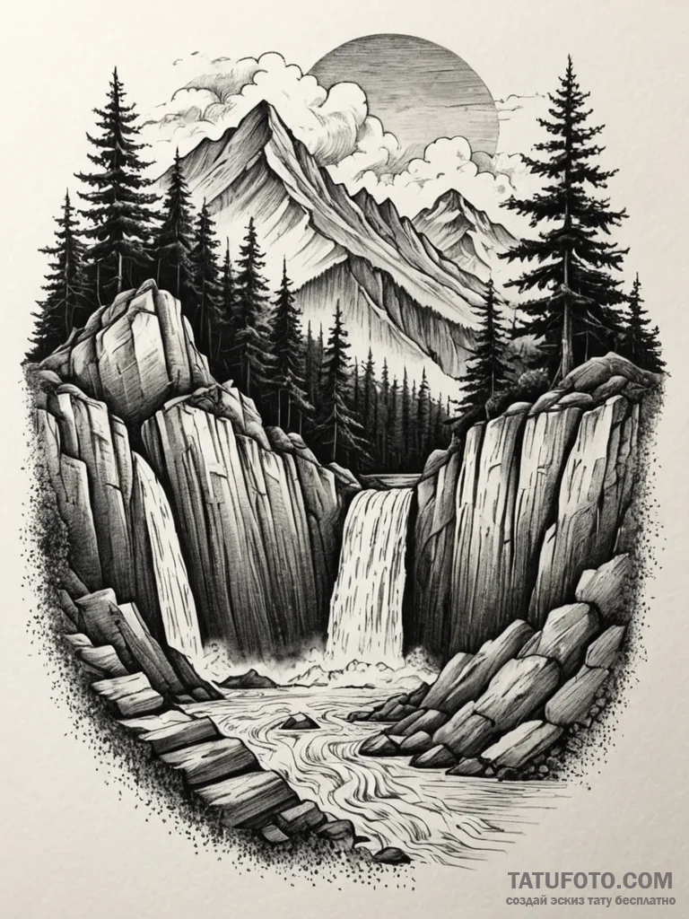 Waterfall cascading over a cliff into clouds,... - эскиз тату (№1751942703_0, 08.07.2025 02:45) — Tatufoto.com