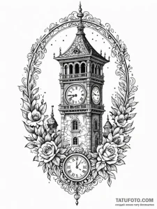 Clock tower with broken chimes, tattoo flash... - эскиз тату (№1751944138_0, 08.07.2025 03:08) — Tatufoto.com