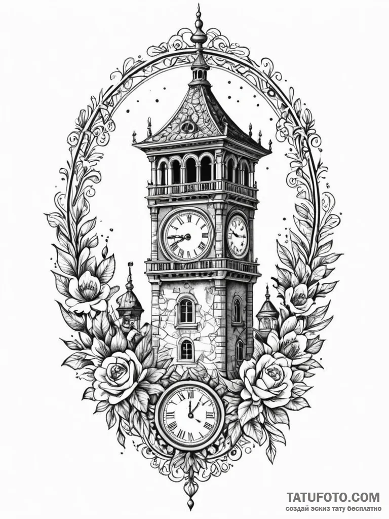 Clock tower with broken chimes, tattoo flash... - эскиз тату (№1751944138_0, 08.07.2025 03:08) — Tatufoto.com